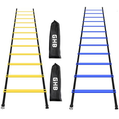 GHB Pro Agility Ladder 2 Pack Agility Training Ladder Speed 12 Rung 20ft with Carrying Bag (Yellow and Blue)
