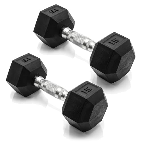 CAP Rubber Coated Dumbbell Weights, Free Weights for Home Gym Strength Training, Anti-Roll Hex Dumbbells with Black, Chrome & Comfort Grip Handles, Pairs & Sets - size: 15 lb - Pair, style: Chrome Handle