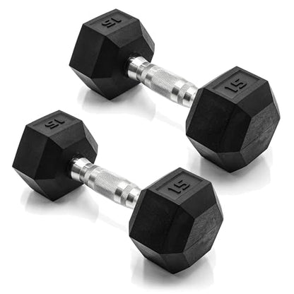 CAP Rubber Coated Dumbbell Weights, Free Weights for Home Gym Strength Training, Anti-Roll Hex Dumbbells with Black, Chrome & Comfort Grip Handles, Pairs & Sets - size: 15 lb - Pair, style: Chrome Handle
