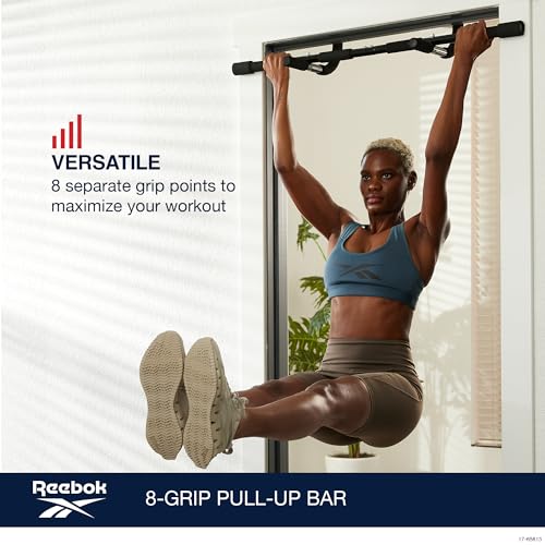 Reebok 8-Grip Pull-Up Bar, Multi-Function Upper Body Workout Rod, Door Frame Fitness Beam with 8 Sure Grip Foam Handles, Portable Chin Up Bar for Strength Training Exercise at Home or Gym