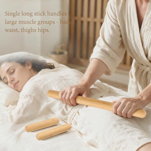 3PCS 100% Natural Solid Bamboo Massage Sticks,GuaSha Bamboo Massage Rollers for Back,Legs,Full Body,Deeply Deep Tissue Massage,Muscle Relax,Body Shaping,Portable Therapy Set(with Storage Bag)