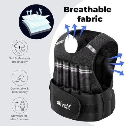 ATIVAFIT Adjustable Weighted Vest 2–22LB with Removable Weights & Reflective Strips, Comfortable Workout Vest for Walking, Running, Strength Training, Cardio and Home Fitness for Men, Women & Teens