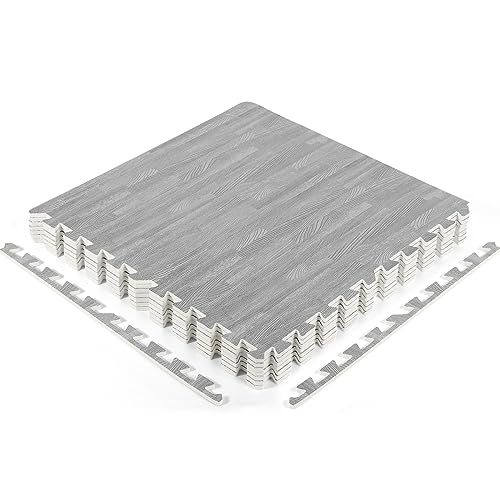 Wood Grain Floor Foam Mats with Border, Wood Printed Interlocking Foam Tiles Anti Fatigue Flooring Mat(24 x 24 Inch, Gray)