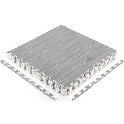 Wood Grain Floor Foam Mats with Border, Wood Printed Interlocking Foam Tiles Anti Fatigue Flooring Mat(24 x 24 Inch, Gray)