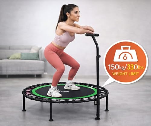 40" Mini Rebounder Fitness Trampoline for Adults with Bungee Cords and Safety Bar. 330LBS/150KG Weight Limit, Ideal for Indoor Outdoor Home Gym Workouts.