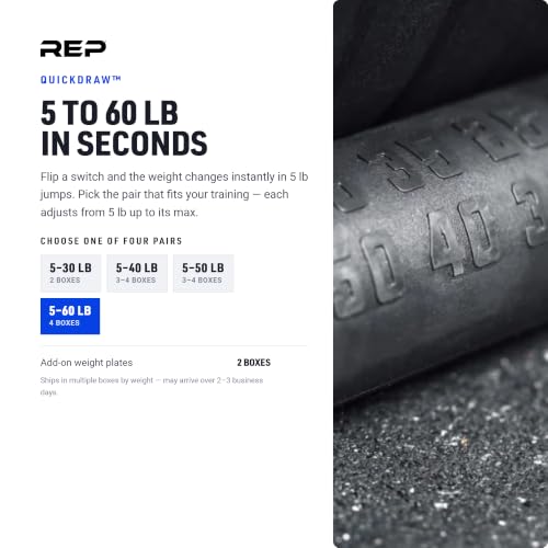 REP Fitness QuickDraw Adjustable Dumbbell Set, Pair, 30/40/50/60 lb Each, Steel Plates, Knurled Handle, Lock-N-Load Switch, Space-Saving Compact Free Weights, Strength Training, Home Gym, Men & Women - style: 5-40 lbs