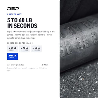 REP Fitness QuickDraw Adjustable Dumbbell Set, Pair, 30/40/50/60 lb Each, Steel Plates, Knurled Handle, Lock-N-Load Switch, Space-Saving Compact Free Weights, Strength Training, Home Gym, Men & Women - style: 5-40 lbs