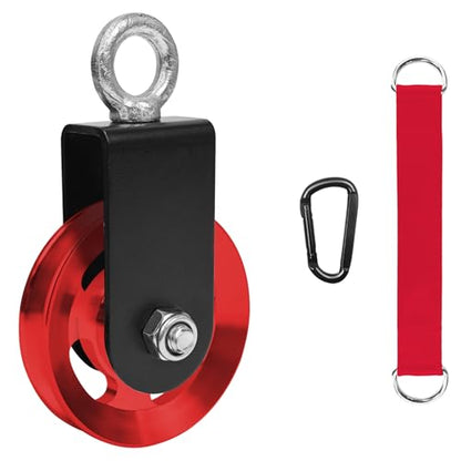 LFJ Aluminum Alloy Cable Pulley with Swing Strap Carabiner, 90mm Pulley Wheel for LAT Pulley System DIY Pull Down Attachment,Ladder Lift,Home Gym Equipment - color: Red