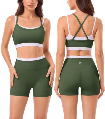 2 Pieces Workout Sets for Women,Seamless Athletic Short with Double Layer Sports Bra,Gym Matching Outfits - color: Grn023, size: Large