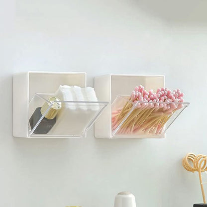 Wall Mount Storage Box Cotton Pads Holder Dispenser Clear Acrylic Organizer Box No Drill Adhesive for Bathroom Kitchen for Powder Puff Lipstick Hair String Rubber Band
