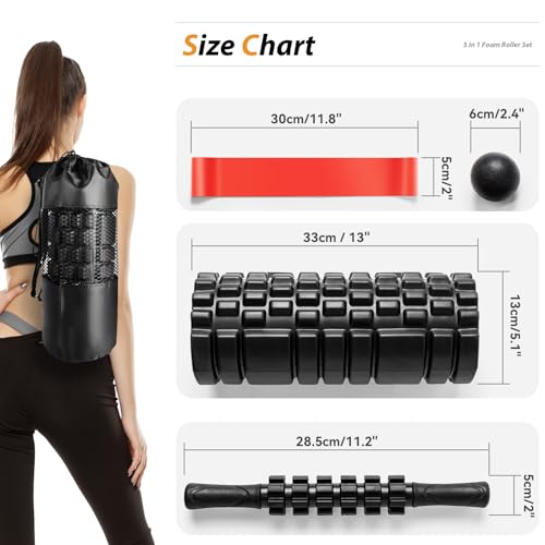 5 in1 Foam Roller Set, Trigger Point Foam Roller, Massage Roller Stick, Massage Ball, Resistance Band for Deep Muscle Massage Pilates Yoga,Fitness Exercise for Whole Body (Black-Red) - color: Black-red