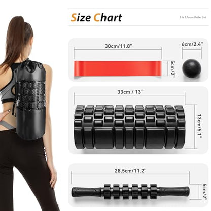 5 in1 Foam Roller Set, Trigger Point Foam Roller, Massage Roller Stick, Massage Ball, Resistance Band for Deep Muscle Massage Pilates Yoga,Fitness Exercise for Whole Body (Black-Red) - color: Black-red