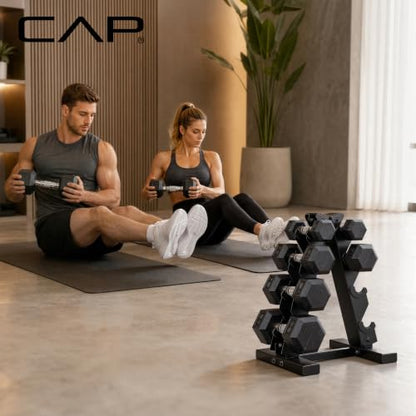CAP Rubber Coated Hex Dumbbell Set with Storage Rack | 100–210 lb Options, Space-Saving Vertical Compact Storage for Home Gym Strength Training - size: 100 lb - Set, style: Chrome Handles