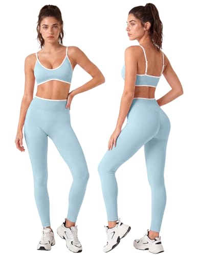 Workout Sets for Women 2 Piece Seamless Color Block Sports Bra Padded Scrunch Butt Lifting Leggings Matching Outfit