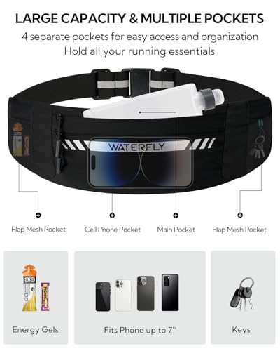WATERFLY Running Belt Fanny Pack: Slim Breathable 4 Pocket Waist Bag for Men Women Sport Workout Exercise Fitness Phone Holder - Runner Marathon Jogging Waistband Fits ALL Phones Black