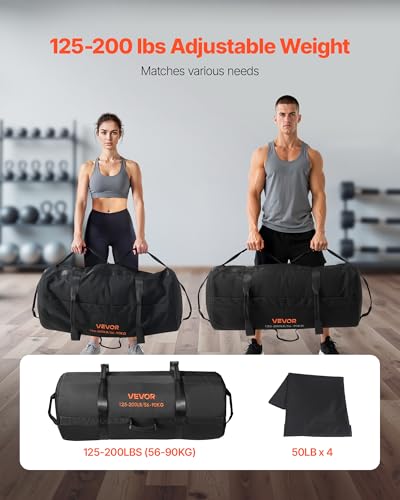 VEVOR Workout Sandbag, Heavy Duty Workout Power Bags with Handles, 125-200 lbs Adjustable Slam Bag for Fitness Strength Weight Training Cross-Training, Home Gym Exercise, Black (Unfilled)