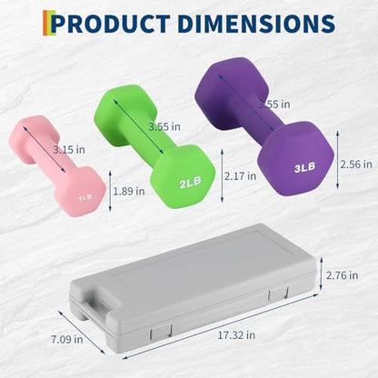 Neoprene Dumbbell Set for Women & Kids - Light Dumbbell Set (1/2/3, 2/3/5, 3/5/8, 5/10/15 LB) with Storage Plastic Case, Packed In Pairs, Set of Small Weights for Home, Living Room, Bedroom - size: 1+2+3 LBS