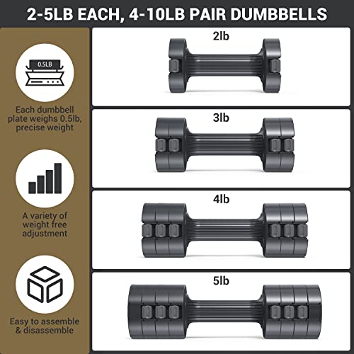Sportneer Adjustable Dumbbells Hand Weights Set: 5 lb Dumbbell Set of 2 Each 2lb 3lb 4lb 5lb Free Weights Fast Adjust Weight 4 In 1 Weights Dumbbells Set for Women Men Home Gym Exercise Training - color: Carbon Black