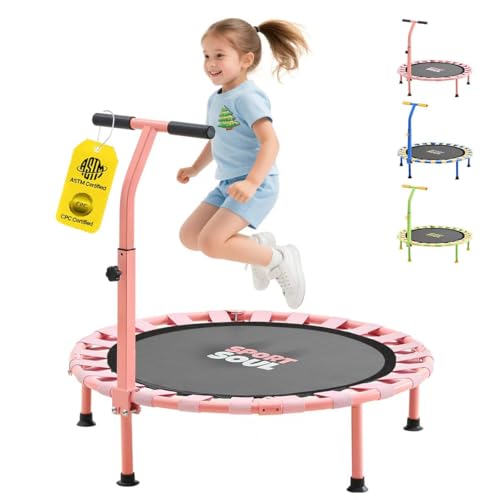 36'' Mini Trampoline for Kids 3-6, Foldable & Spring-Free, Small Toddler Trampoline Indoor Outdoor with Adjustable Handle Bar