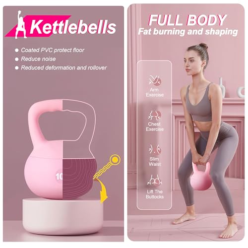 soges PVC One-Piece Kettlebell with Wide Handles, Strength Training Kettlebells 5lb to 35lb Optional for Women of Different Levels, Iron Sand Filled Soft Kettlebell - color: 10lbs - Pink