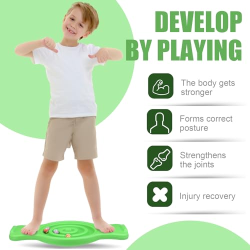 Maze Balance Board for Kids Plastic Wobble Rocker Balance Board with Mini Balls Load 220lb Balance Game with Handles for Toddler Balancing Exercise Equipment Game, 24.5 x 11.8 Inch - color: Green