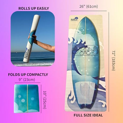 Surf Pop Up Fitness Mat, Ultra lightweight Travel Mat with Surfboard Design, Training tool for Surfers, Hand and Foot Positioning Guides to improve stance, QR code video link with Pop Up tips included on packaging - color: Blue And White
