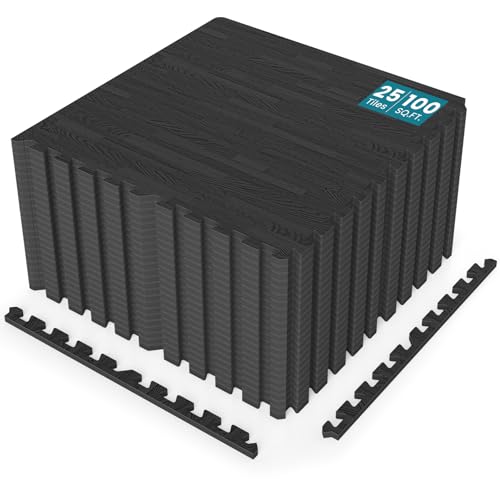 Happygrill 100 Sq. Ft. Interlocking Foam Floor Tiles, 25 PCS 2/5 Thick Wood Grain EVA Foam Mat w/50 Borders, 24” x 24” Puzzle Exercise Mat Gym Flooring for Home Gym Basement Play Room Yoga, Black - color: Black, size: 100 Sq. Ft.