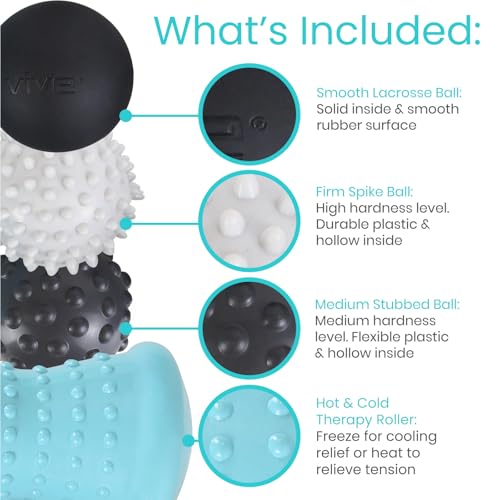 Vive Massage Ball Set (4 Piece) - Plantar Fasciitis Relief Foot Pain Hot Cold Therapy - Heel Spur, Sore Muscle, Trigger Point, Back, Arm, Neck, Shoulder, Leg Circulation Roller