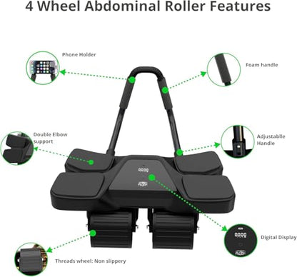 Ab Roller Home Gym Equipment – 4 Wheels Ab Wheel Muscle Roller with Automatic Rebound, Yoga Stretching Strap, 3 Resistance Bands – Comfortable Elbow Support with Non-Slip Handles – Built-in Workout Tracker