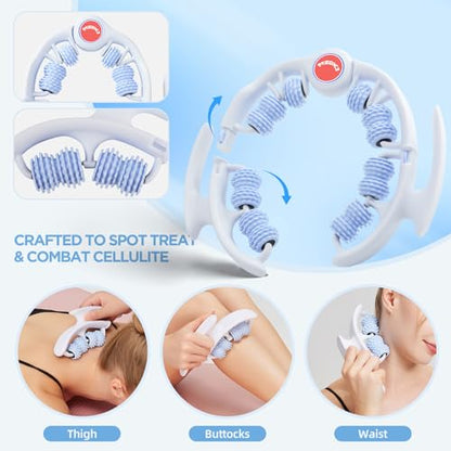 Cellulite Massage Tool, Anti-Cellulite Roller- Lymphatic Drainage Massager - Muscle Roller, Deep Fascia Massage, Dimpled Skin Removal, Legs/Thighs/Buttocks, Smooth Skin (14 Wheel - Blue) - color: 14 Wheel -White Blue