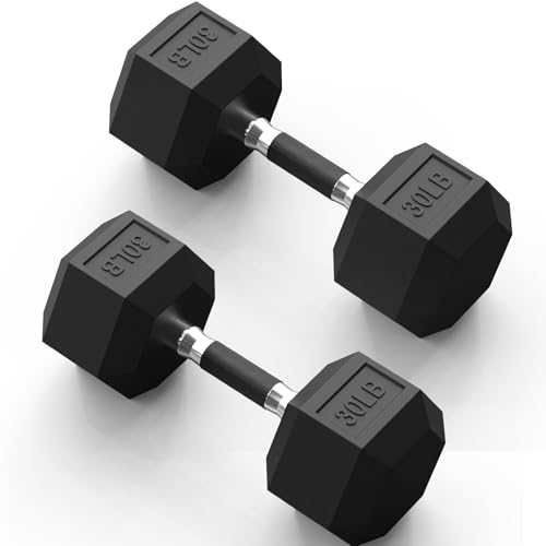 PAPABABE Hex Dumbbell Set with Rubber Grip 2.5-125lb, Odorless Rubber Coated Weight Fixed Dumbbells Set of 2/Single, Weights for Women at Home, Hand Weights for Home Gym & Strength Training,Pesas Para Ejercicios - size: 30 lb, Pair, style: Rubber Grip