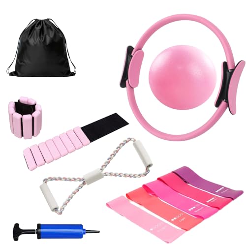 Pilates Essentials Equipment Kit with Magic Circle Ring for Home Workout | Adjustable Ankle Wrist Weights, Resistance Bands, Fitness Equipment Accessories