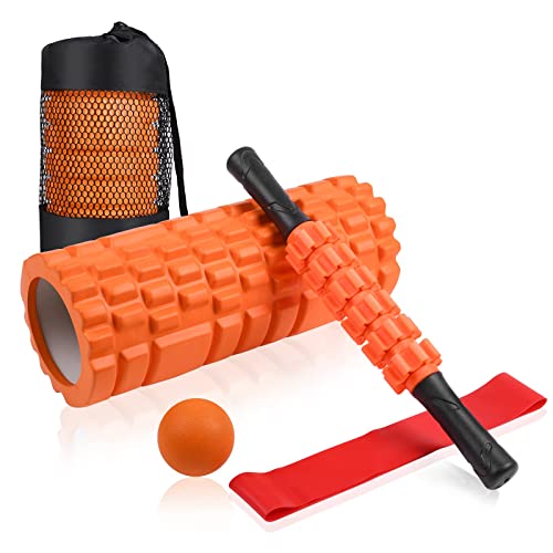 Aucuu 6 in 1 Foam Roller Set Includes Hollow Core Massage Roller, Yoga Stick, Massage Ball, Fitness Stretching Strap, Carrying Bag, Towel, Massage Roller (Orange)