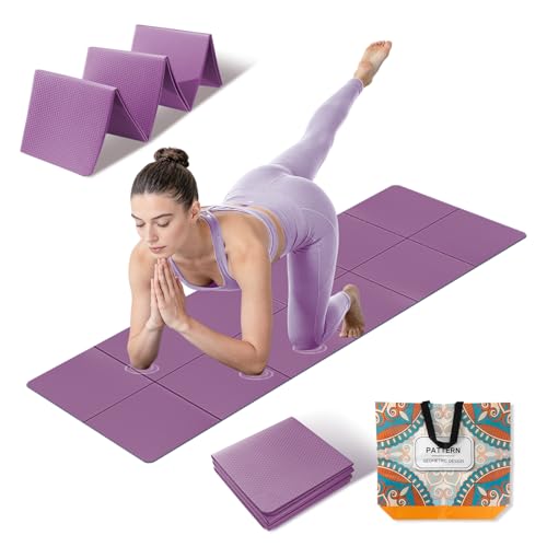 Foldable Yoga Mat Thick Non-Slip Exercise Mat - Packable Travel Fitness Mat with Carrying Bag for Yoga, Pilates, Workout, Home & Gym - color: purple