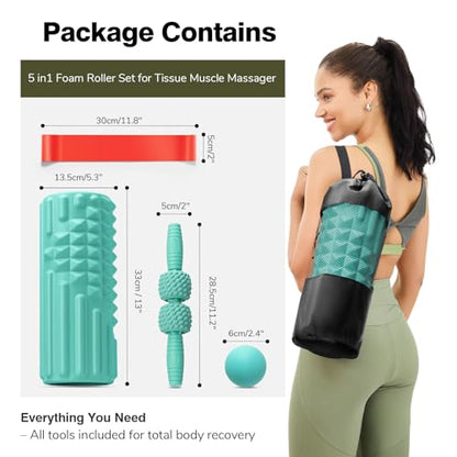 5 in 1 Foam Roller Set - Back Roller Foam, Massage Roller Stick, Massage Ball, Resistance Band for Physical Therapy & Deep Tissue Muscle Massage (Green)