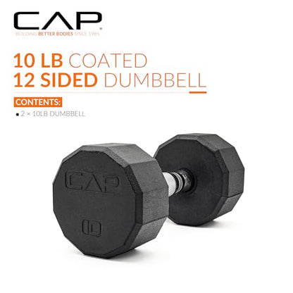 CAP Rubber Coated Dumbbell Weights, Free Weights for Home Gym Strength Training, Anti-Roll Hex Dumbbells with Black, Chrome & Comfort Grip Handles, Pairs & Sets - size: 10 lb - Pair, style: 12-Sided - Chrome Handle