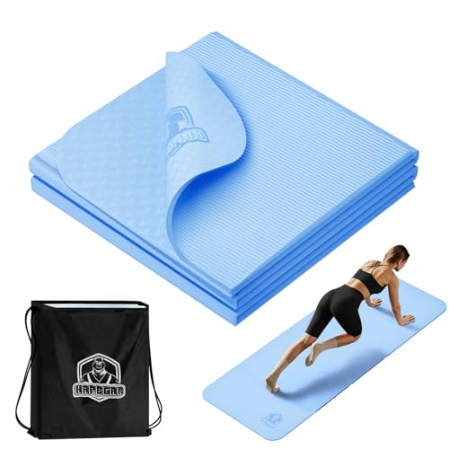HAPBEAR Foldable Yoga Mat - 72"x24"x0.24" (6mm), Non-Slip TPE Exercise Mat for Home Workout, Yoga, Pilates,Stretching, & Travel, Durable & Eco-Friendly, Includes Carry Bag - color: Blue