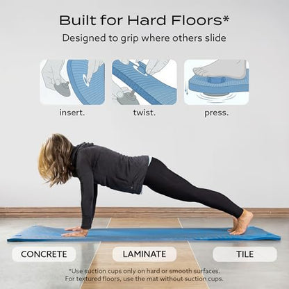PT Pro Suction Cup Yoga Mat – 24x72 Non-Slip Exercise Mat with 4 Screw-On Suction Cups, 1/2in Thick Cushioned Workout Mat with Carry Strap for Tile, Laminate & Concrete – (Patent Pending) - color: Blue