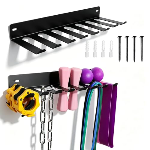 2 Pack Gym Storage Rack Wall Mount, Heavy Duty Metal Gym Organizer for Resistance Bands, Barbells, Jump Ropes & Cable Attachments, Up-Turned Hooks Prevent Slipping, Includes Screws & Anchors for Home Gym Equipment Storage