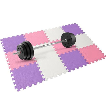Easy Playhouse: 12 Soft Foam Floor Puzzle Tiles - Pink-Purple-White - 12" Interlocking Mat Pieces (4'x3'), Nursery, Playroom, Gym, Children & Adults