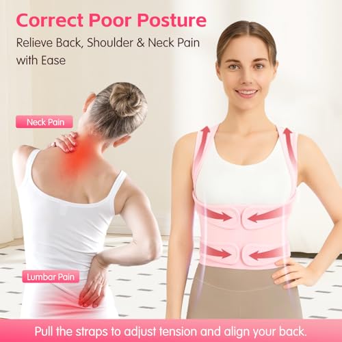 Posture Corrector for Women & Men, Adjustable Back Brace with Shoulder Straightener & Lumbar Support for Upper & Lower Back Pain Relief, Spine Support, Hunchback & Scoliosis, Pink, Small