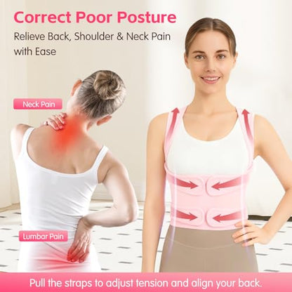 Posture Corrector for Women & Men, Adjustable Back Brace with Shoulder Straightener & Lumbar Support for Upper & Lower Back Pain Relief, Spine Support, Hunchback & Scoliosis, Pink, Small