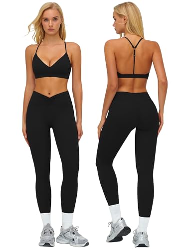 ABOCIW Womens Workout Sets V Neck Y Back Sports Bra Tummy Control High Waist Leggings 2 Piece Gym Yoga Pilates Outfits - color: Black, size: 4-6
