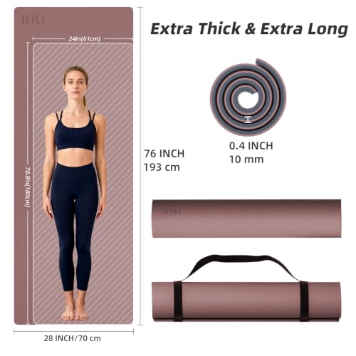 ILILI 10mm Extra Thick, TPE Yoga Mat, 76×28 Inch Extra Long, Carrying Strap - color: Dark Pink+Dark Grey