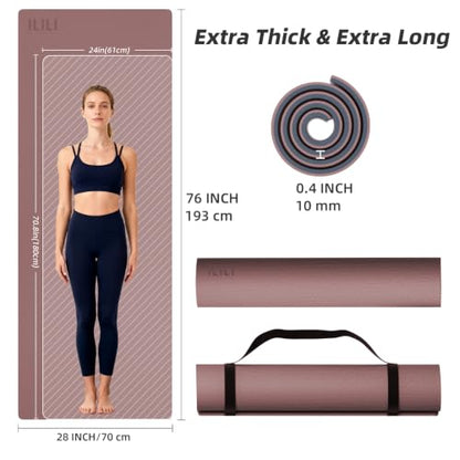 ILILI 10mm Extra Thick, TPE Yoga Mat, 76×28 Inch Extra Long, Carrying Strap - color: Dark Pink+Dark Grey
