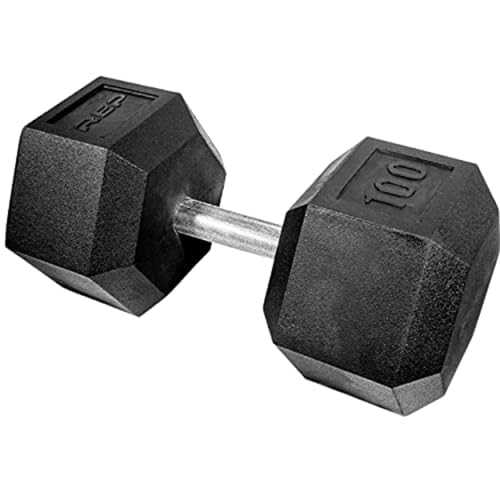 Rep Fitness Rubber Hex Dumbbell(s) - Singles (55LB +) and Pairs (5LB - 50LB) - Low Odor, Fully Knurled Handle - style: 100 LB SINGLE DB
