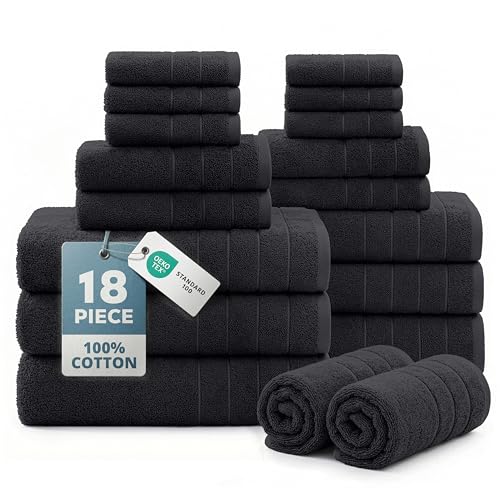 Casa Platino 100% Cotton Towel Set for Bathroom - 18 Piece - Super Soft, Hotel Quality - 6 Bath, 6 Wash Cloths, 6 Hand Towels for Bathroom - Classic, Gentle on Skin, Ideal for Spa & Daily Use - Black - color: 04: Black, size: 18 Piece Towel Set