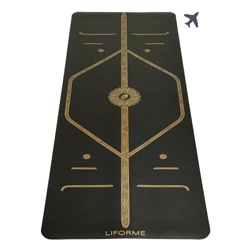 Liforme Travel Yoga mat – Patented Alignment System, Warrior-Like Grip, Non-Slip, Eco-Friendly, Ultra-Lightweight and Sweat Resistant, Made with Natural Rubber - color: Black & Gold
