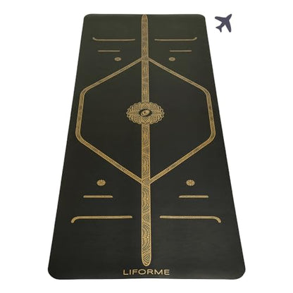 Liforme Travel Yoga mat – Patented Alignment System, Warrior-Like Grip, Non-Slip, Eco-Friendly, Ultra-Lightweight and Sweat Resistant, Made with Natural Rubber - color: Black & Gold