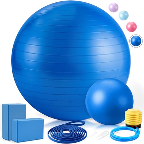 Pilates Set with 2 Yoga Exercise Balls (25.6”&9.8”), Yoga Block, Stretch Strap & Foot Pump, Stability Fitness Ball Kit for Home Gym Equipment Workout Pregnancy Physical Therapy
